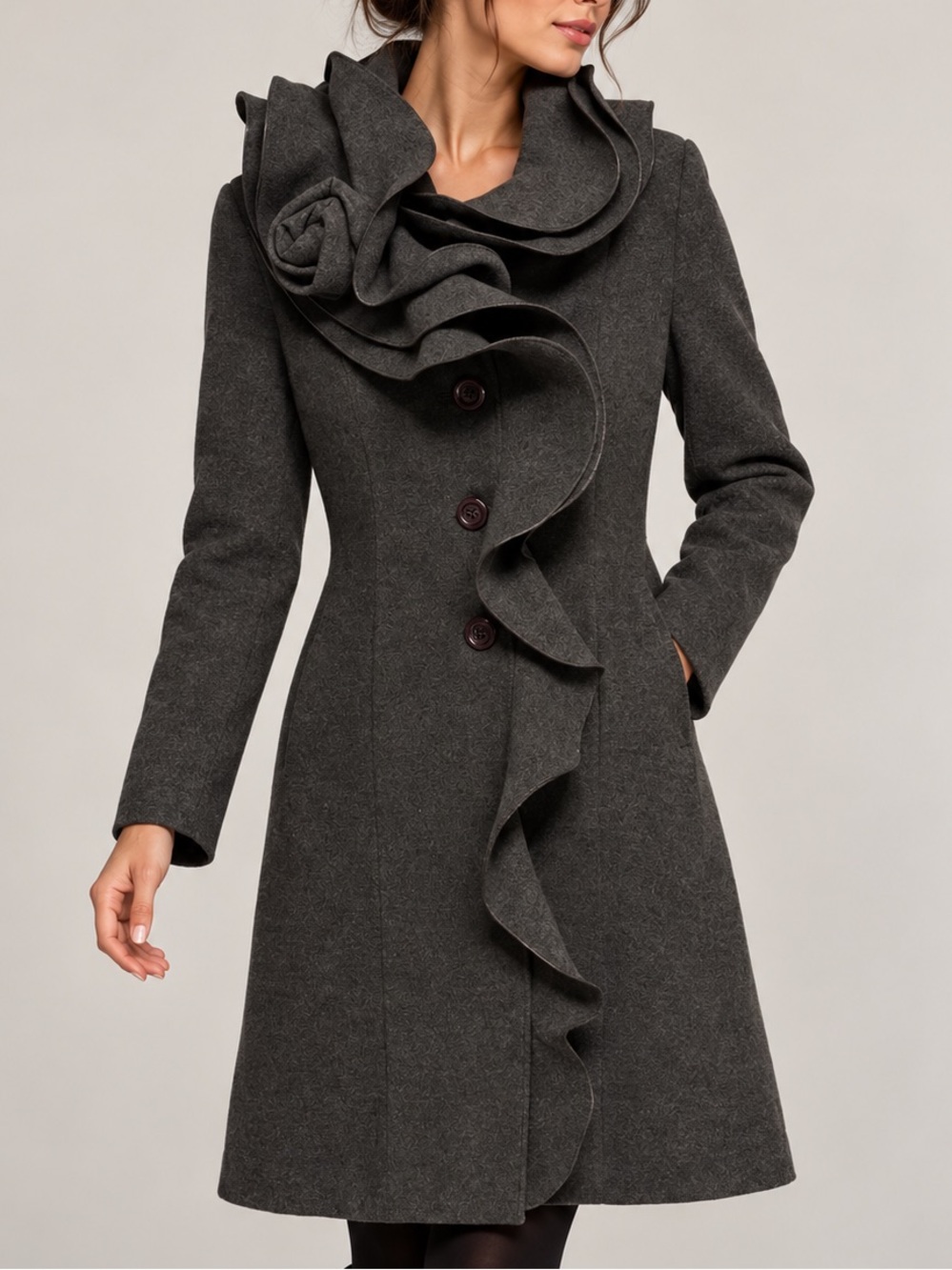 Blue Sand Made in Italy Sculptural Ruffle Coat Charcoal Size S